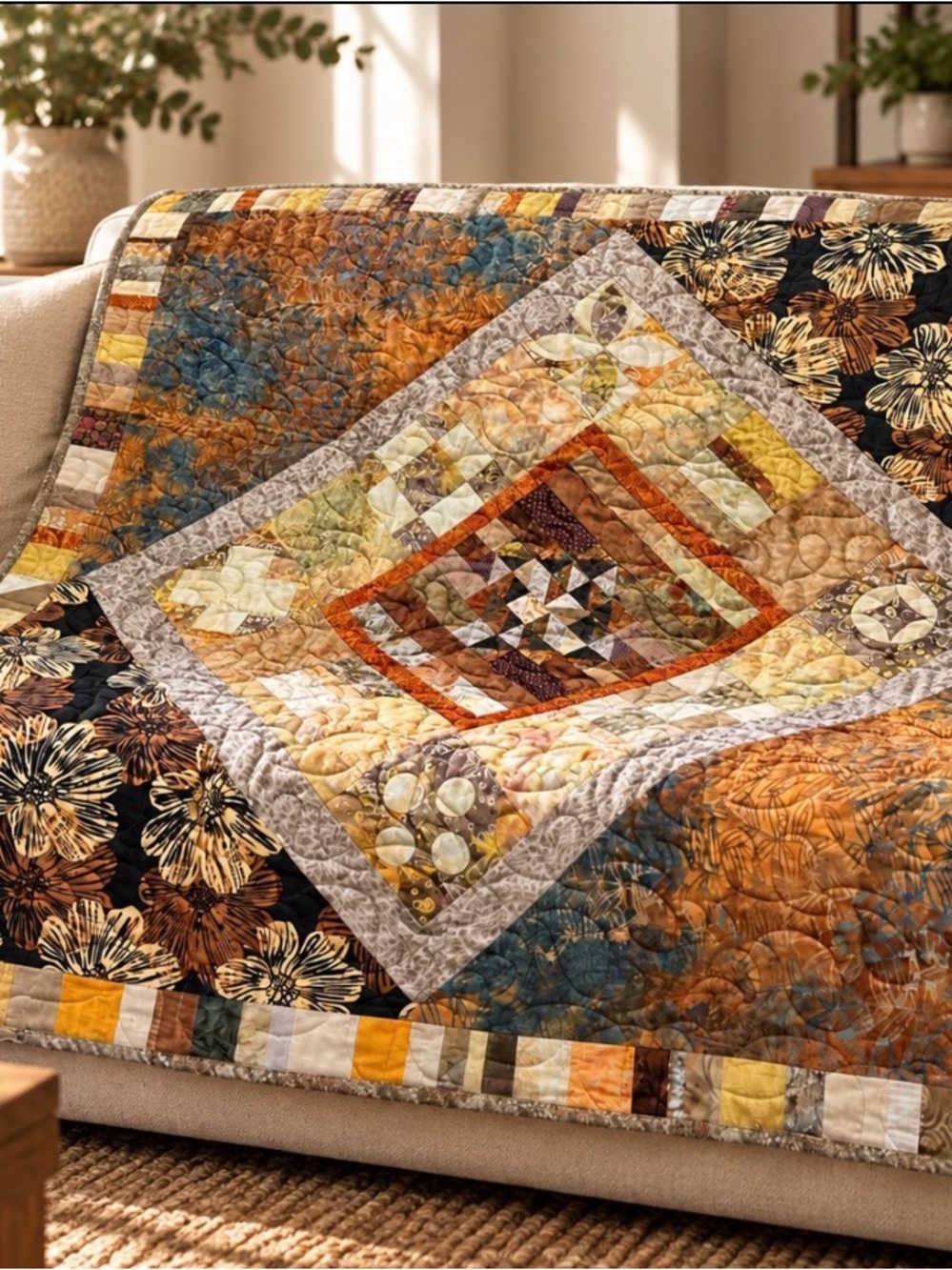 Handmade Autumn Patchwork Quilted Throw cotton quilt 41”x41”